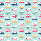 Retro glamping caravans pink aqua navy yellow on soft pastel mint novelty quilting fabric for children's quilts bags cushions and caravan curtains