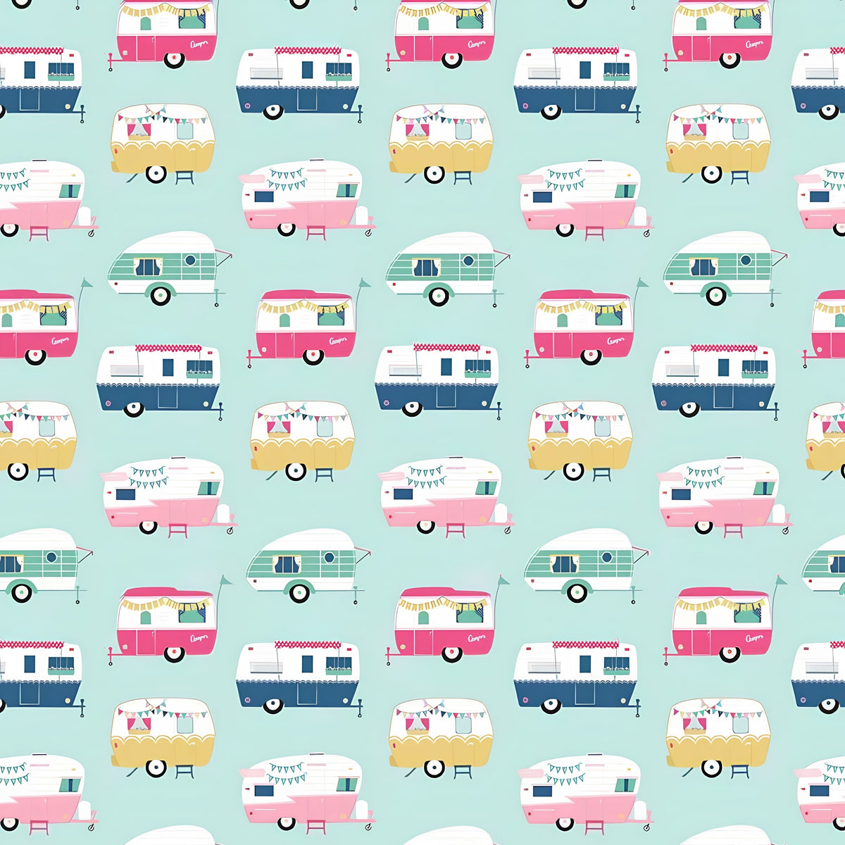 Retro glamping caravans pink aqua navy yellow on soft pastel mint novelty quilting fabric for children's quilts bags cushions and caravan curtains