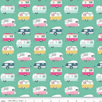 Pattern of vintage-style travel trailers on a teal background with a ruler at the bottom.