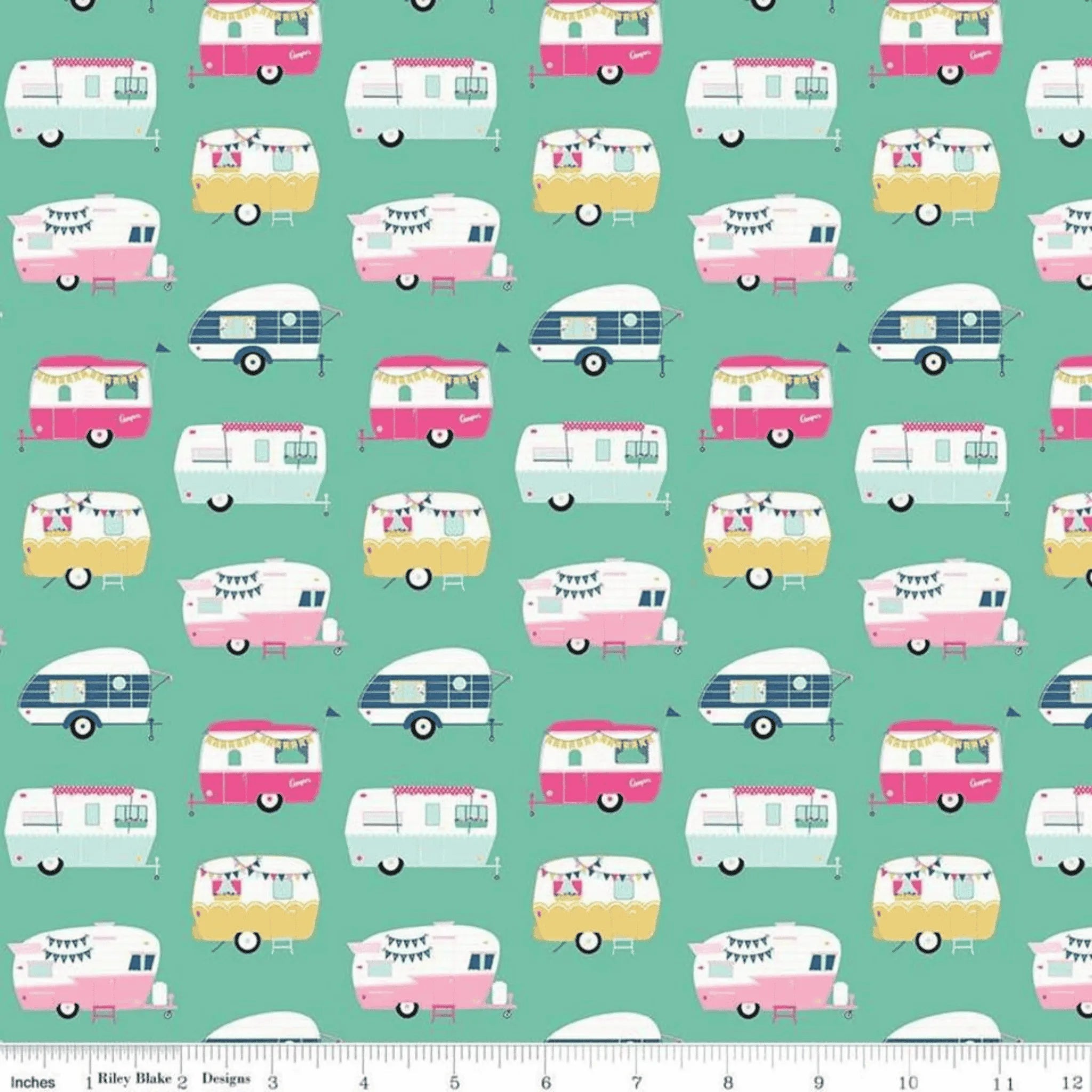 Pattern of vintage-style travel trailers on a teal background with a ruler at the bottom.