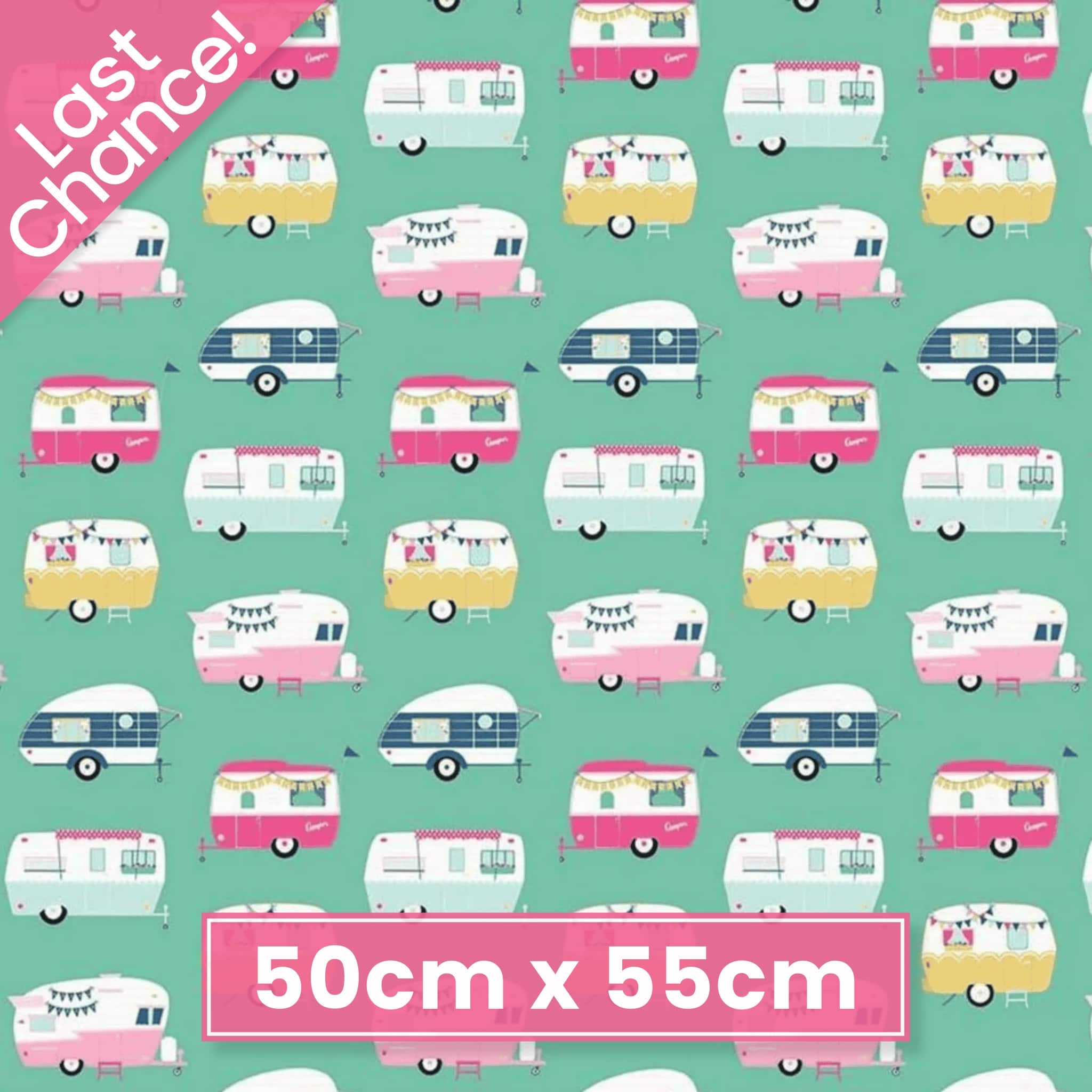 Pattern of vintage-style travel trailers on a teal background quliting cotton fabric