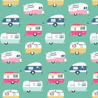 Retro glamping caravans pink aqua navy yellow on rich teal novelty quilting fabric for children's quilts bags cushions and caravan curtains