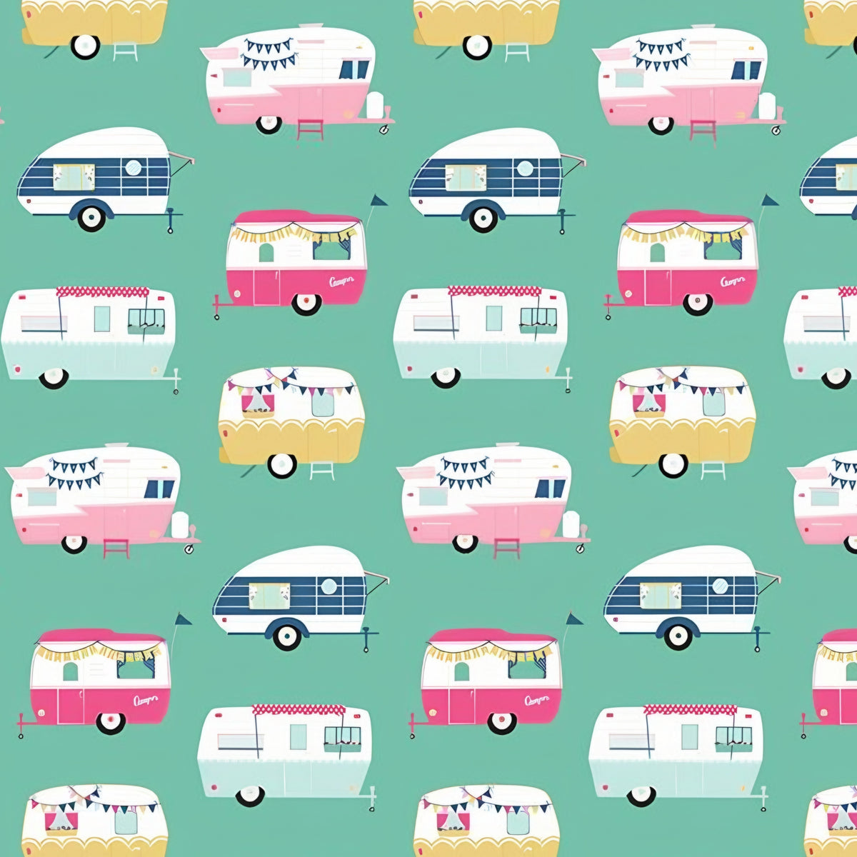Retro glamping caravans pink aqua navy yellow on rich teal novelty quilting fabric for children's quilts bags cushions and caravan curtains