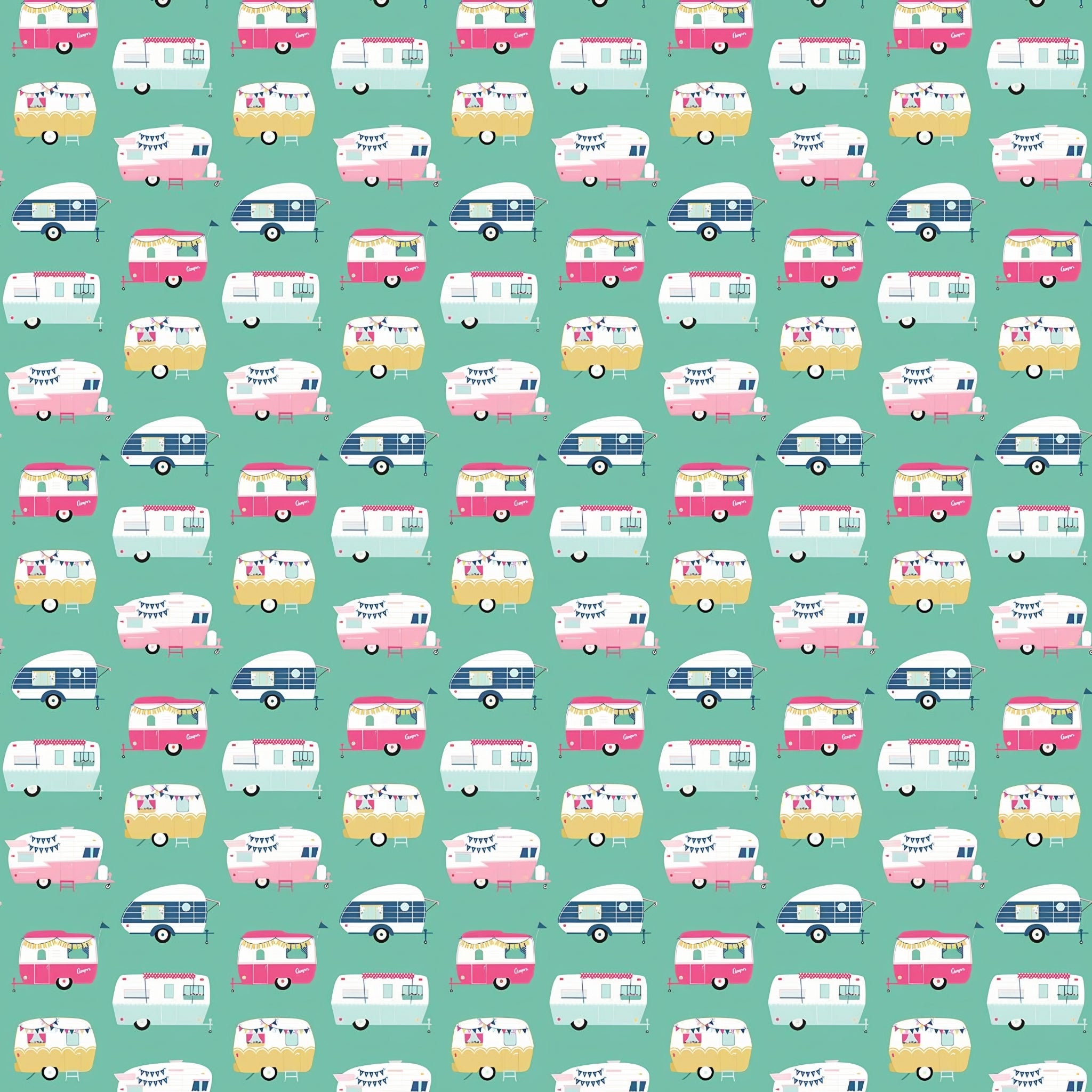 Retro glamping caravans pink aqua navy yellow on rich teal novelty quilting fabric for children's quilts bags cushions and caravan curtains
