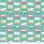 Retro glamping caravans pink aqua navy yellow on rich teal novelty quilting fabric for children's quilts bags cushions and caravan curtains