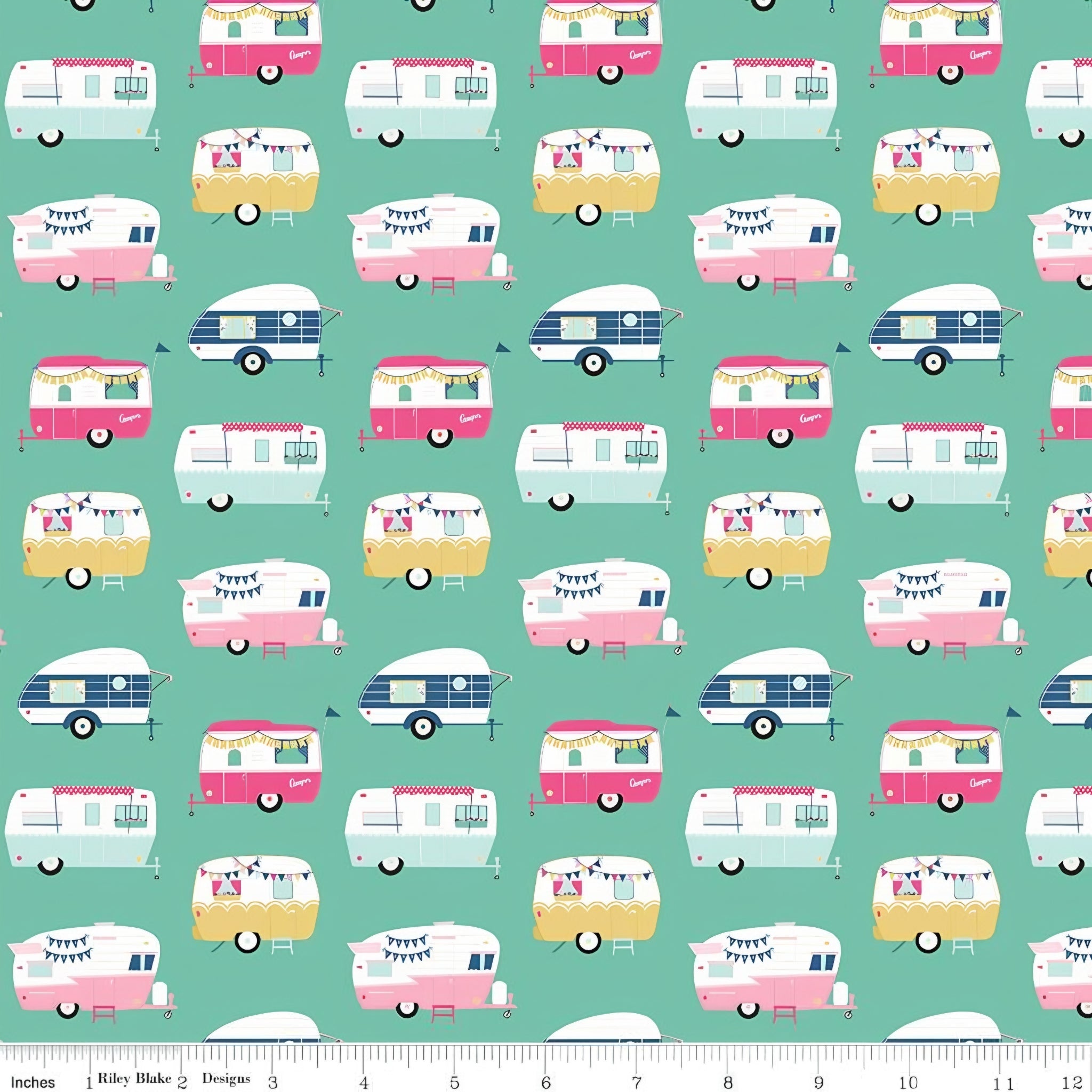 Retro glamping caravans pink aqua navy yellow on rich teal novelty quilting fabric for children's quilts bags cushions and caravan curtains