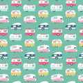 Retro glamping caravans pink aqua navy yellow on rich teal novelty quilting fabric for children's quilts bags cushions and caravan curtains