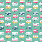 Retro glamping caravans pink aqua navy yellow on rich teal novelty quilting fabric for children's quilts bags cushions and caravan curtains
