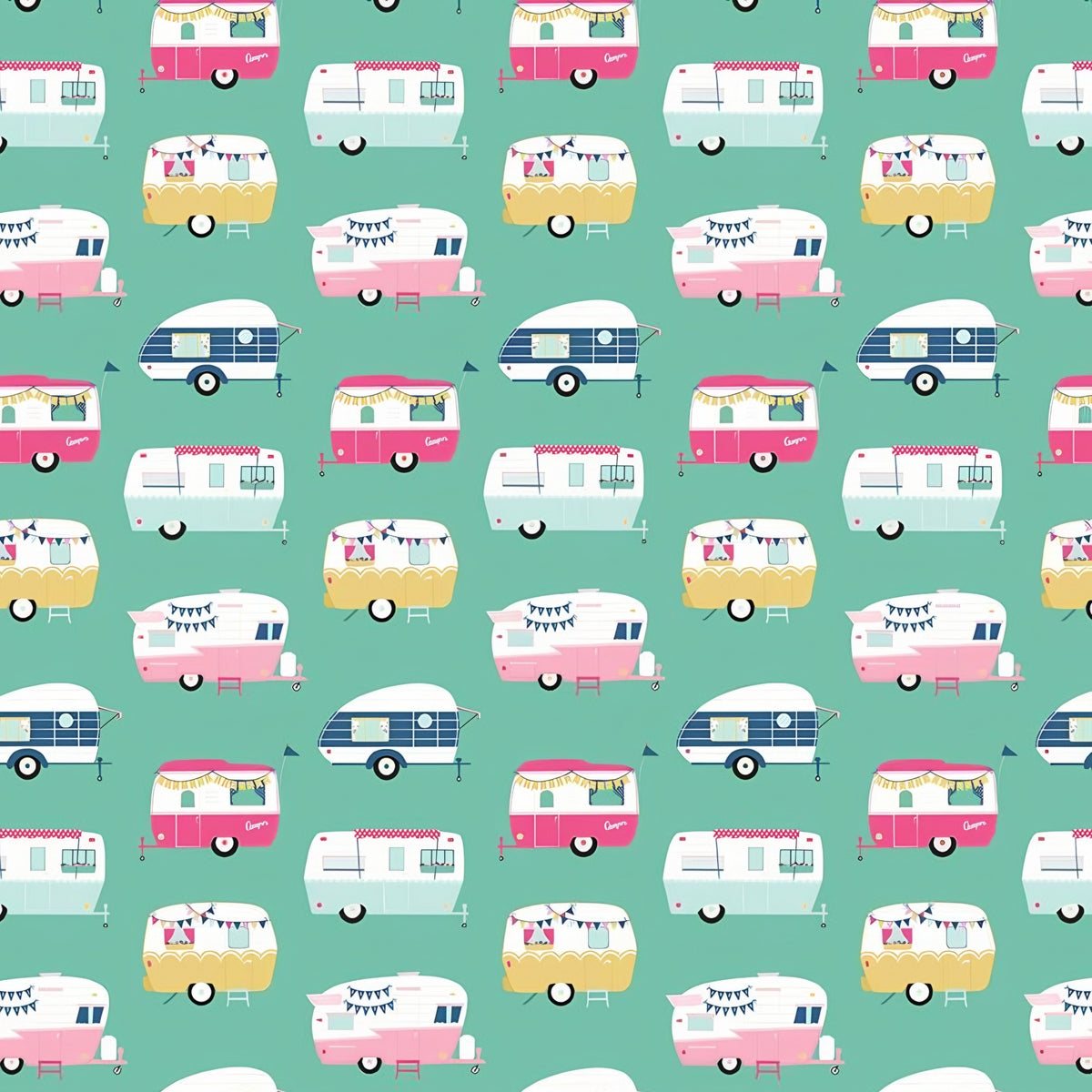 Retro glamping caravans pink aqua navy yellow on rich teal novelty quilting fabric for children's quilts bags cushions and caravan curtains