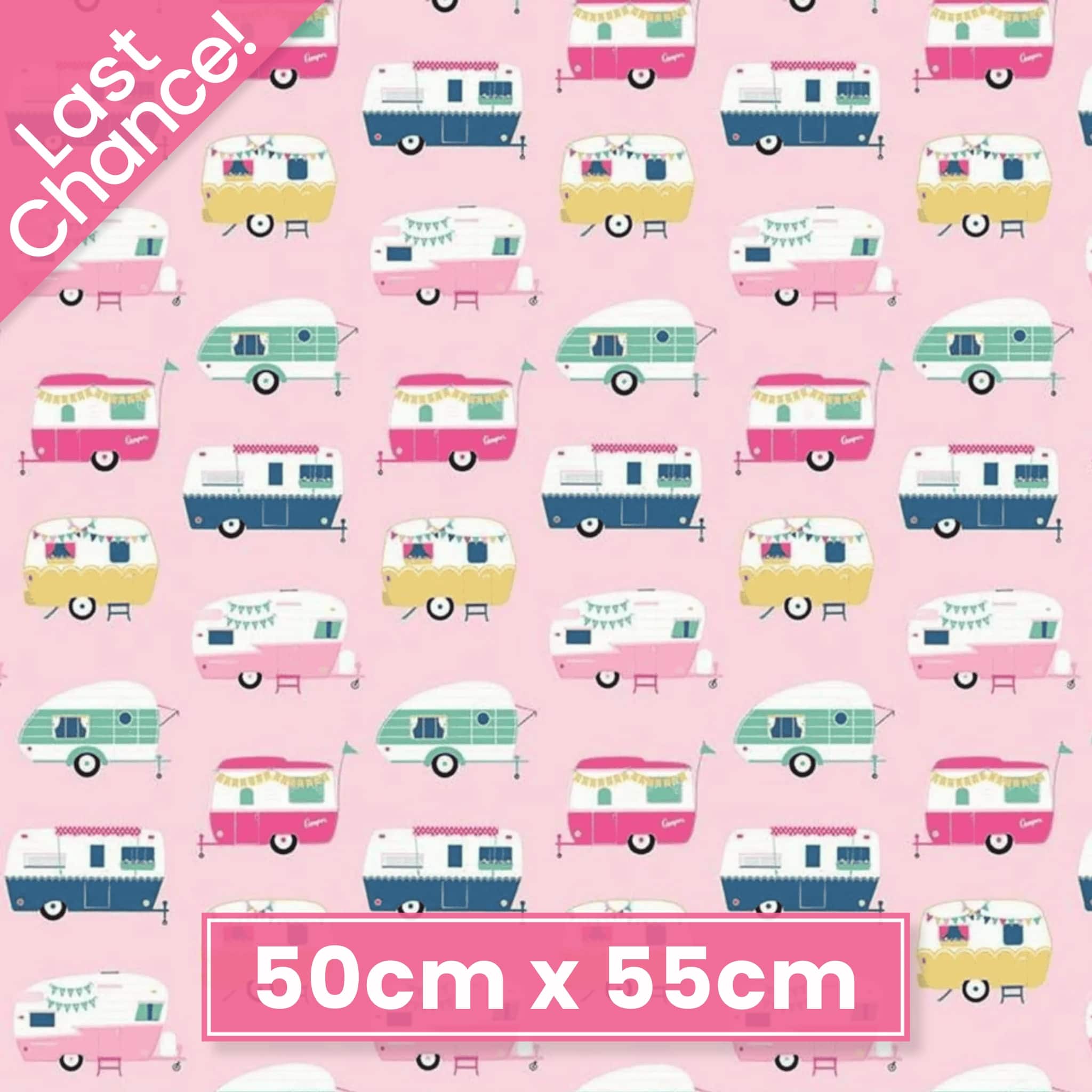 Pattern of vintage camper trailers on a pink background quilting cotton fabric