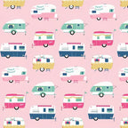 Retro glamping caravans pink aqua navy yellow on bubblegum pink novelty quilting fabric for children's quilts bags cushions and caravan curtains