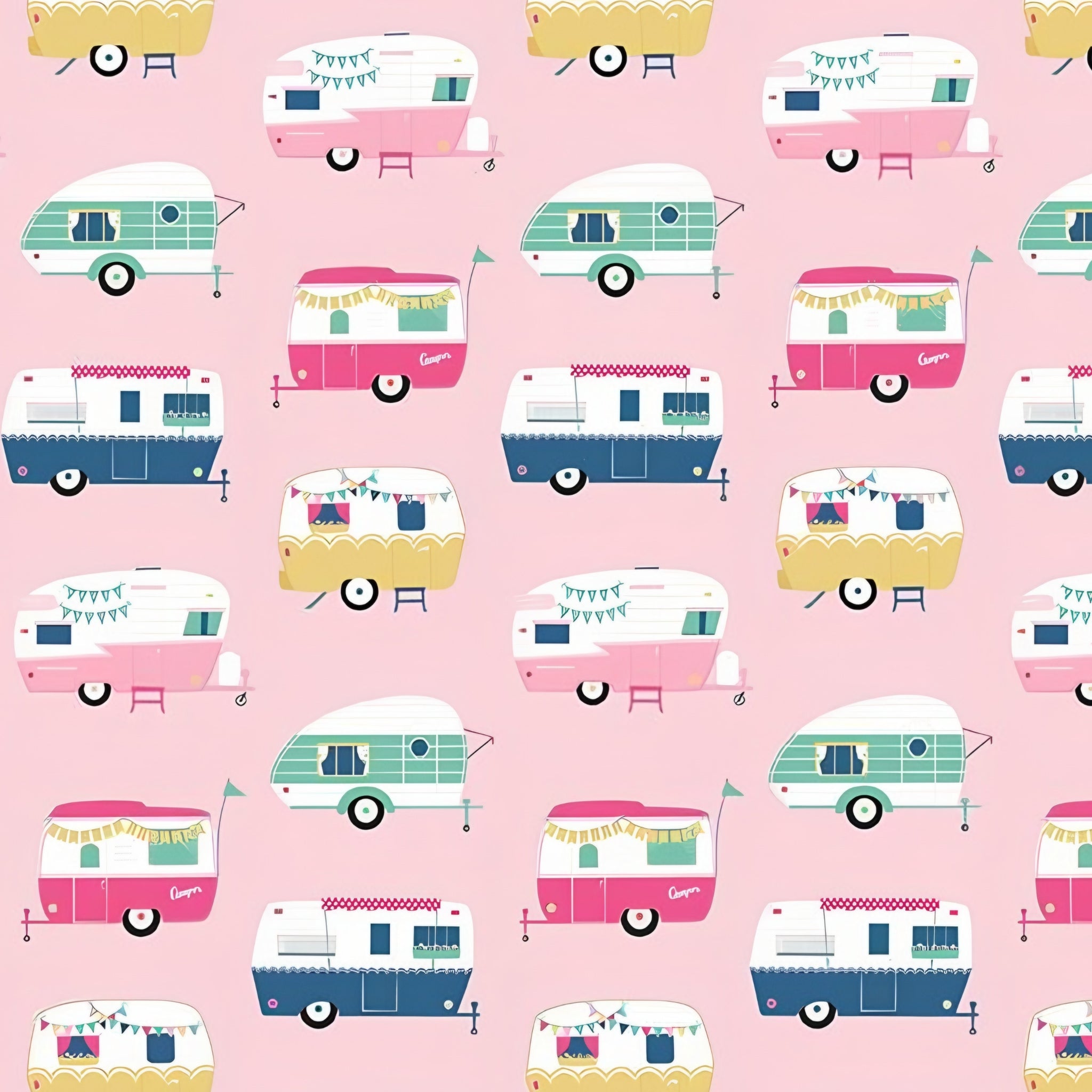 Retro glamping caravans pink aqua navy yellow on bubblegum pink novelty quilting fabric for children's quilts bags cushions and caravan curtains