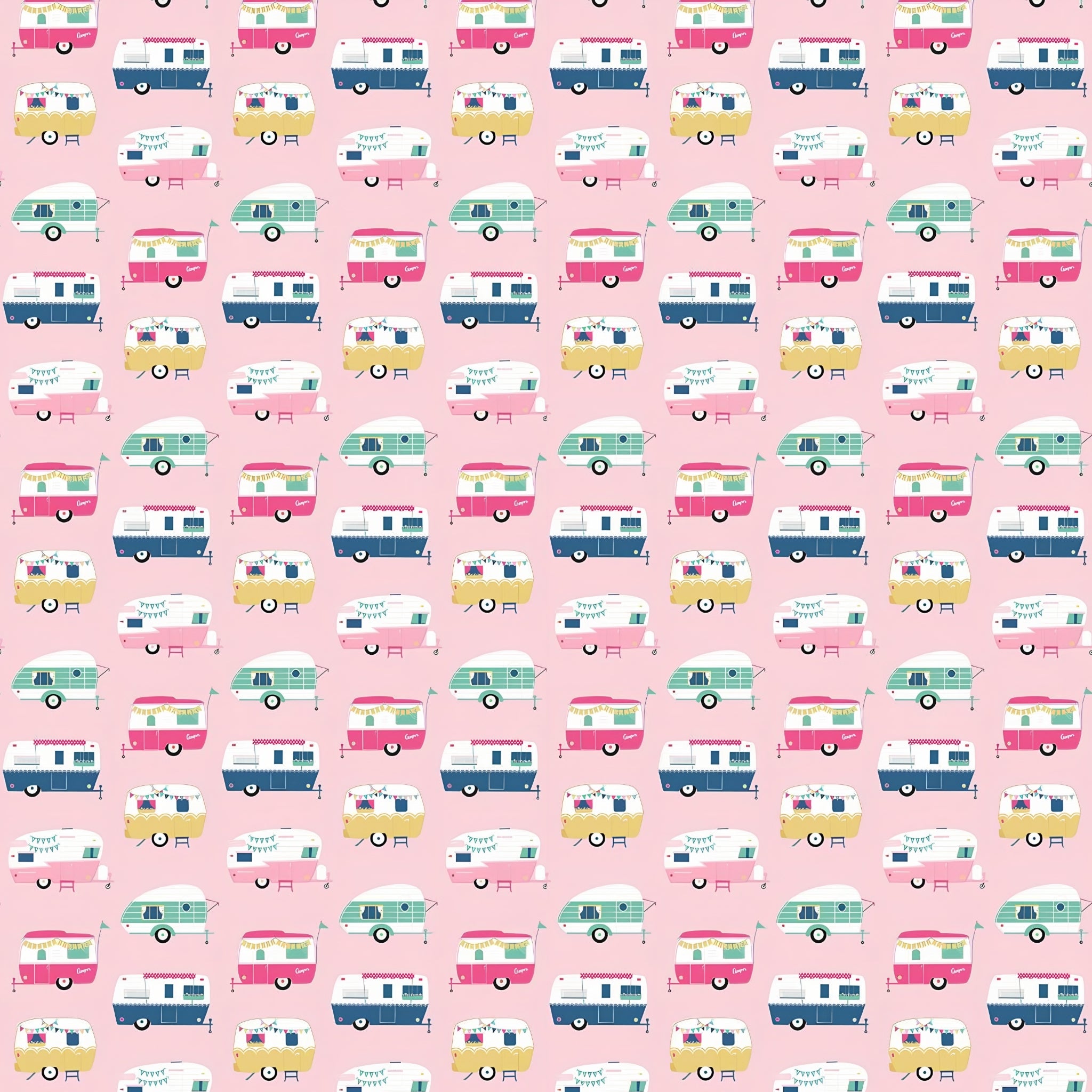 Retro glamping caravans pink aqua navy yellow on bubblegum pink novelty quilting fabric for children's quilts bags cushions and caravan curtains