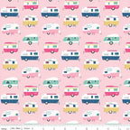 Retro glamping caravans pink aqua navy yellow on bubblegum pink novelty quilting fabric for children's quilts bags cushions and caravan curtains