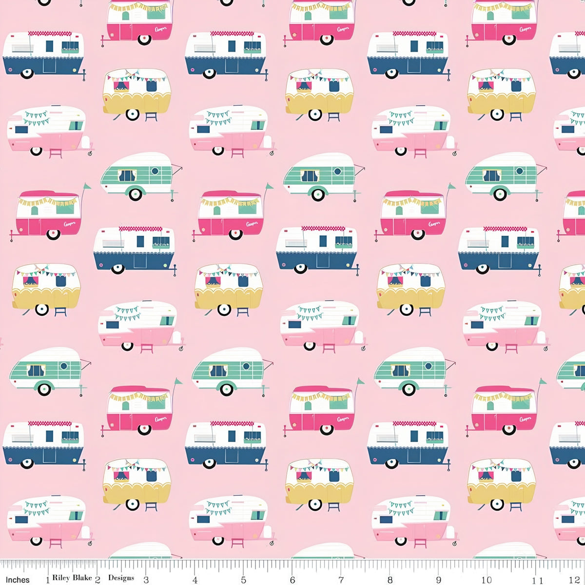 Retro glamping caravans pink aqua navy yellow on bubblegum pink novelty quilting fabric for children's quilts bags cushions and caravan curtains