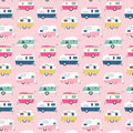 Retro glamping caravans pink aqua navy yellow on bubblegum pink novelty quilting fabric for children's quilts bags cushions and caravan curtains