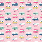 Retro glamping caravans pink aqua navy yellow on bubblegum pink novelty quilting fabric for children's quilts bags cushions and caravan curtains