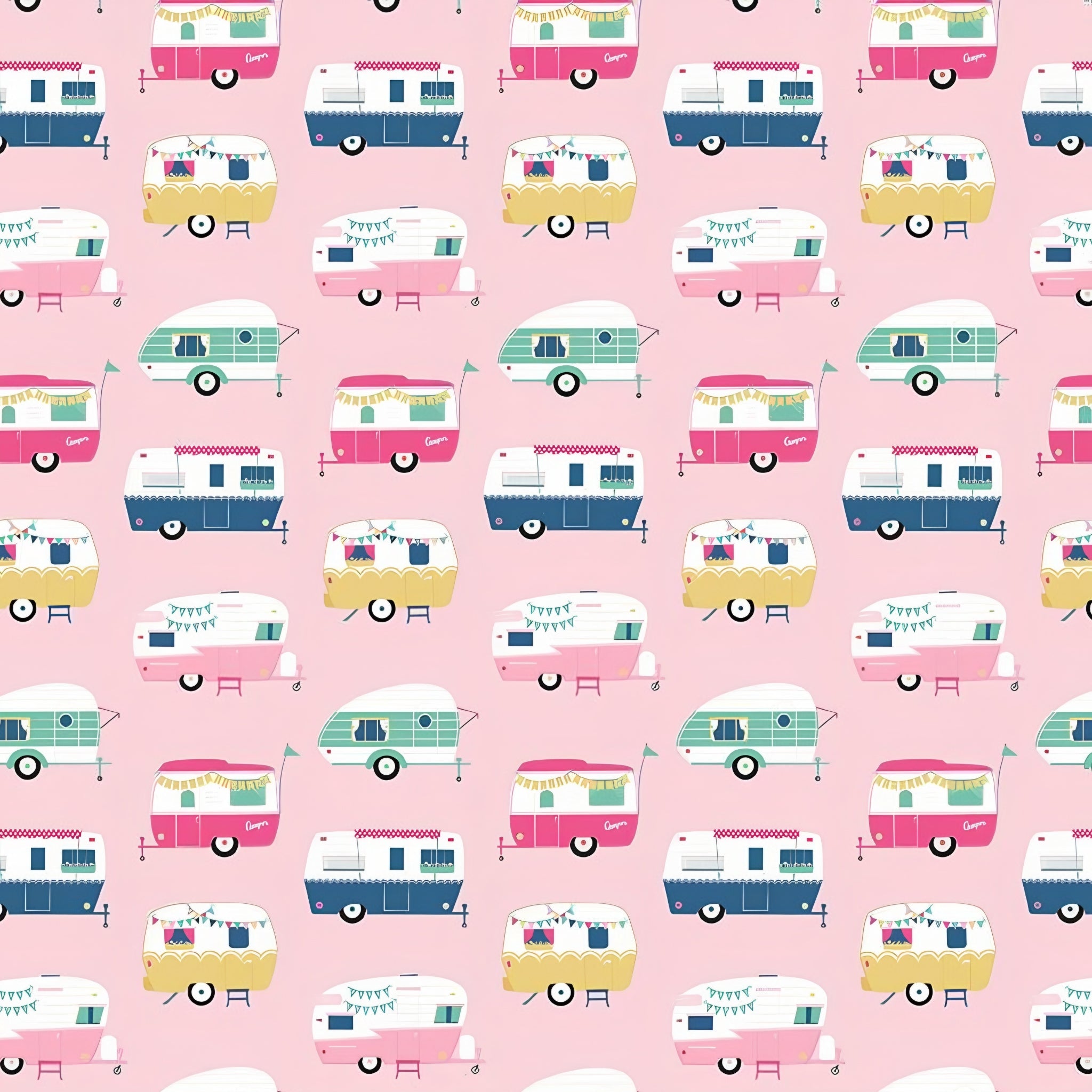 Retro glamping caravans pink aqua navy yellow on bubblegum pink novelty quilting fabric for children's quilts bags cushions and caravan curtains