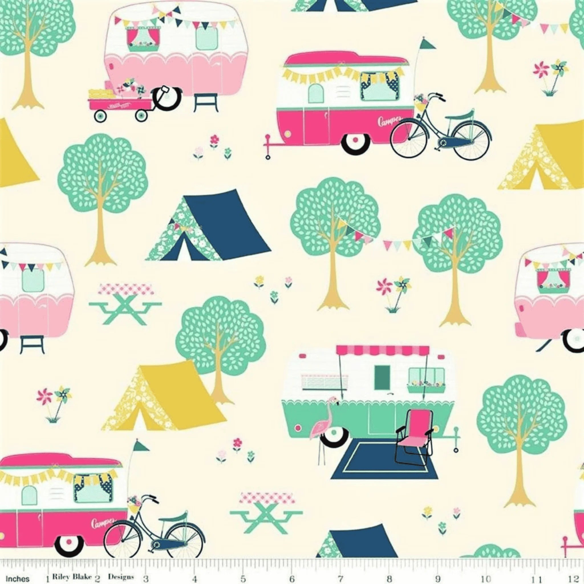 Cream quilting cotton fabric with pink and aqua retro caravans, tents, trees, and bicycles