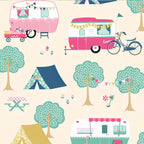 Retro caravans tents bicycles flamingos bunting warm cream novelty quilting fabric for holiday quilts bags caravan curtains and camping cushions