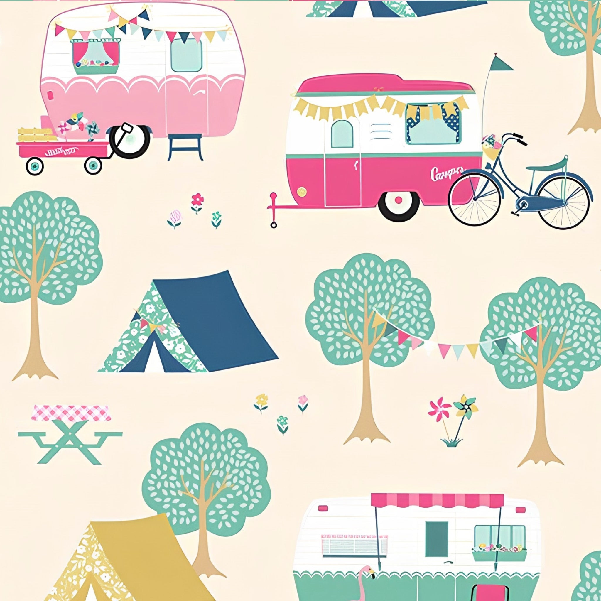 Retro caravans tents bicycles flamingos bunting warm cream novelty quilting fabric for holiday quilts bags caravan curtains and camping cushions
