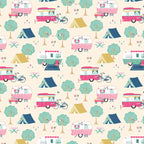 Retro caravans tents bicycles flamingos bunting warm cream novelty quilting fabric for holiday quilts bags caravan curtains and camping cushions