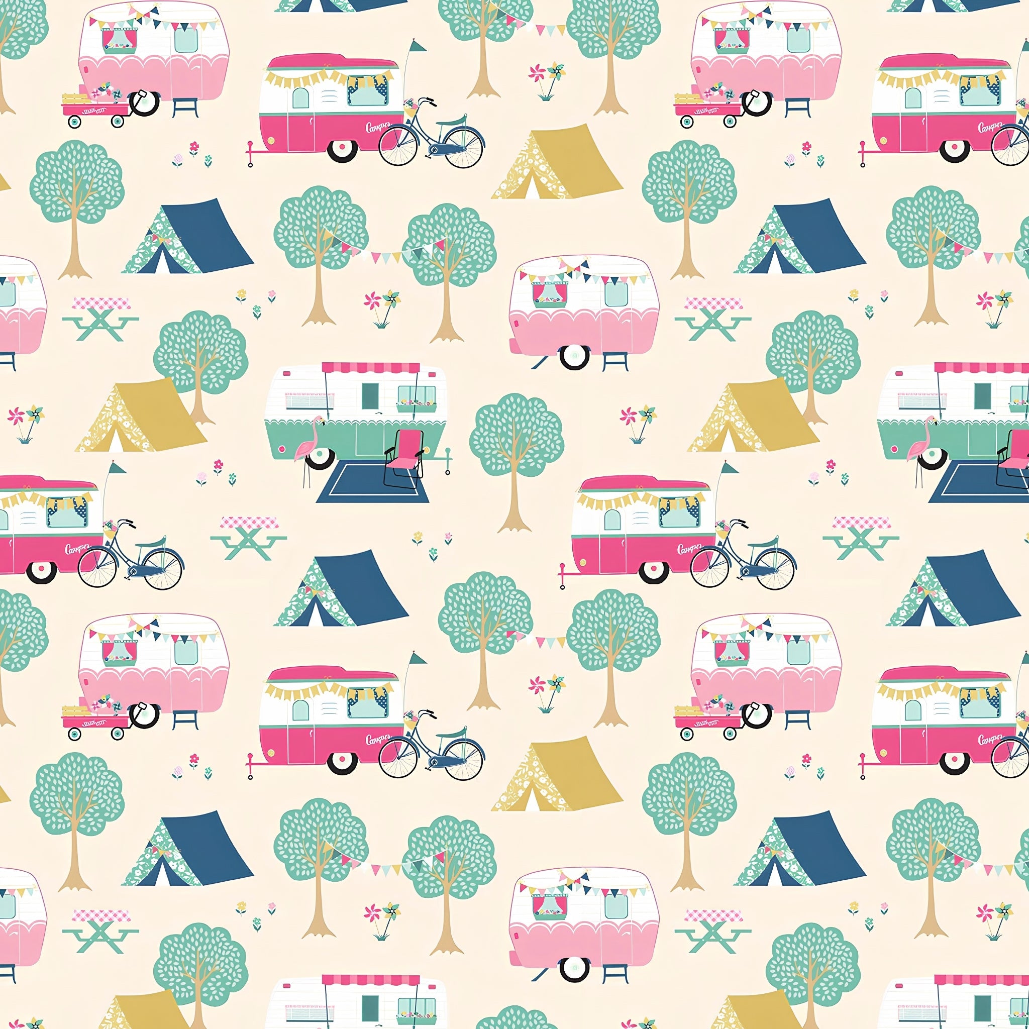 Retro caravans tents bicycles flamingos bunting warm cream novelty quilting fabric for holiday quilts bags caravan curtains and camping cushions
