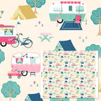 Retro caravans tents bicycles flamingos bunting warm cream novelty quilting fabric for holiday quilts bags caravan curtains and camping cushions