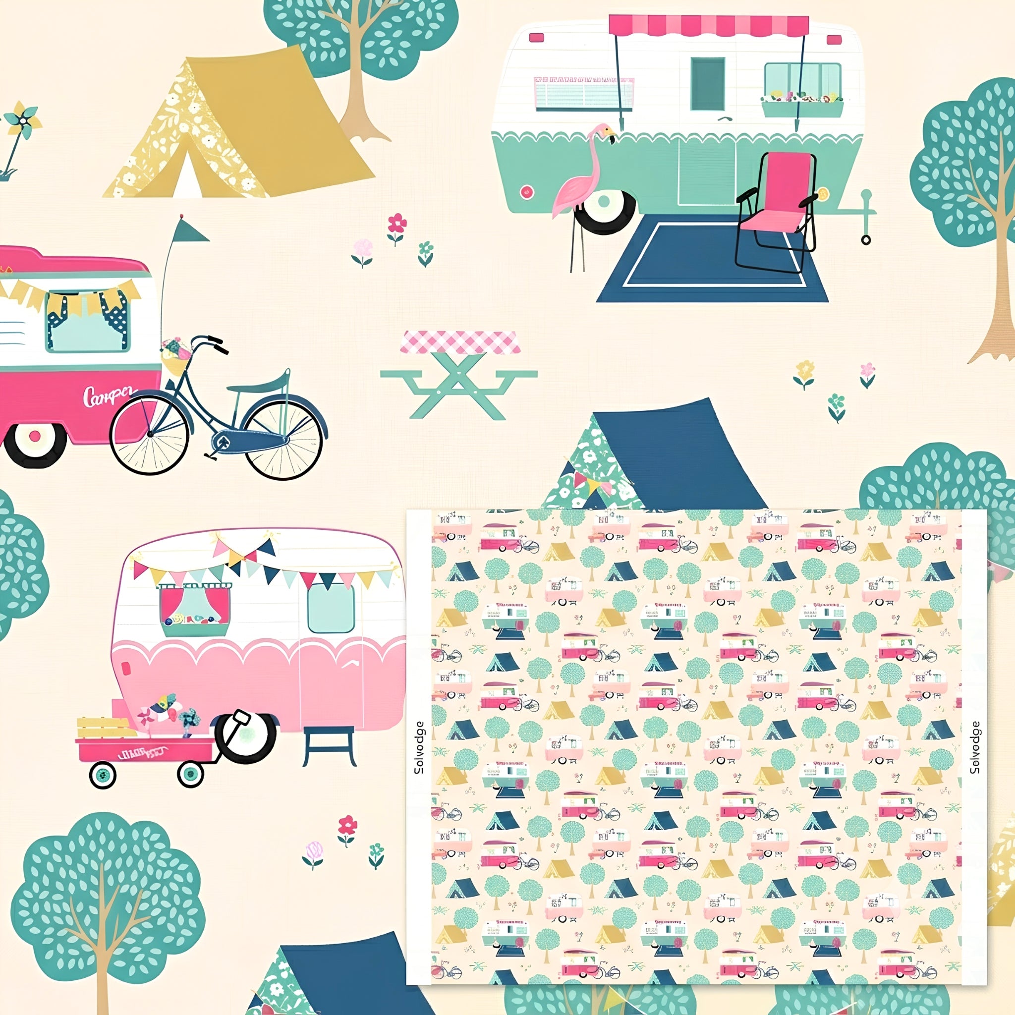 Retro caravans tents bicycles flamingos bunting warm cream novelty quilting fabric for holiday quilts bags caravan curtains and camping cushions