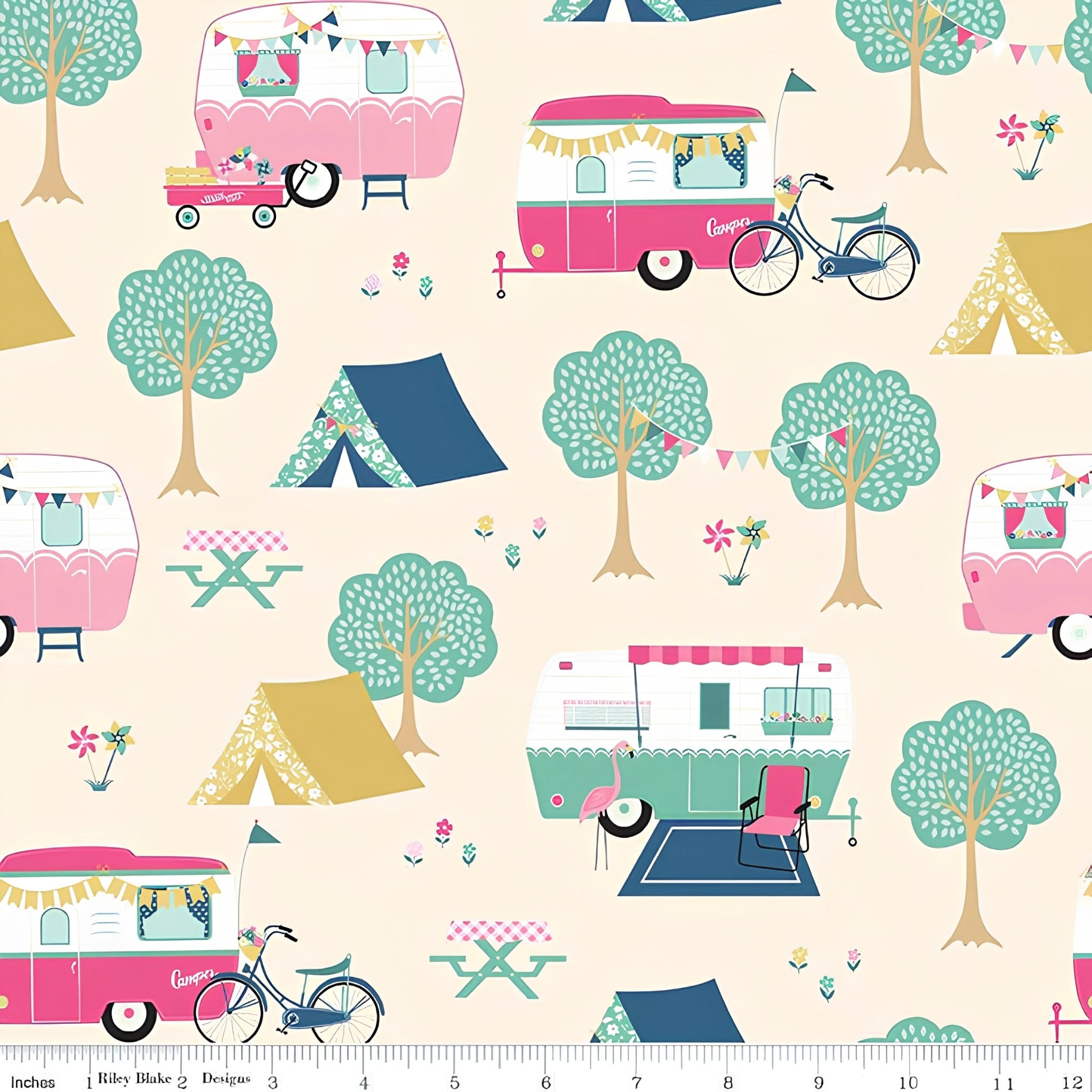 Retro caravans tents bicycles flamingos bunting warm cream novelty quilting fabric for holiday quilts bags caravan curtains and camping cushions