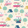 Retro caravans tents bicycles flamingos bunting warm cream novelty quilting fabric for holiday quilts bags caravan curtains and camping cushions