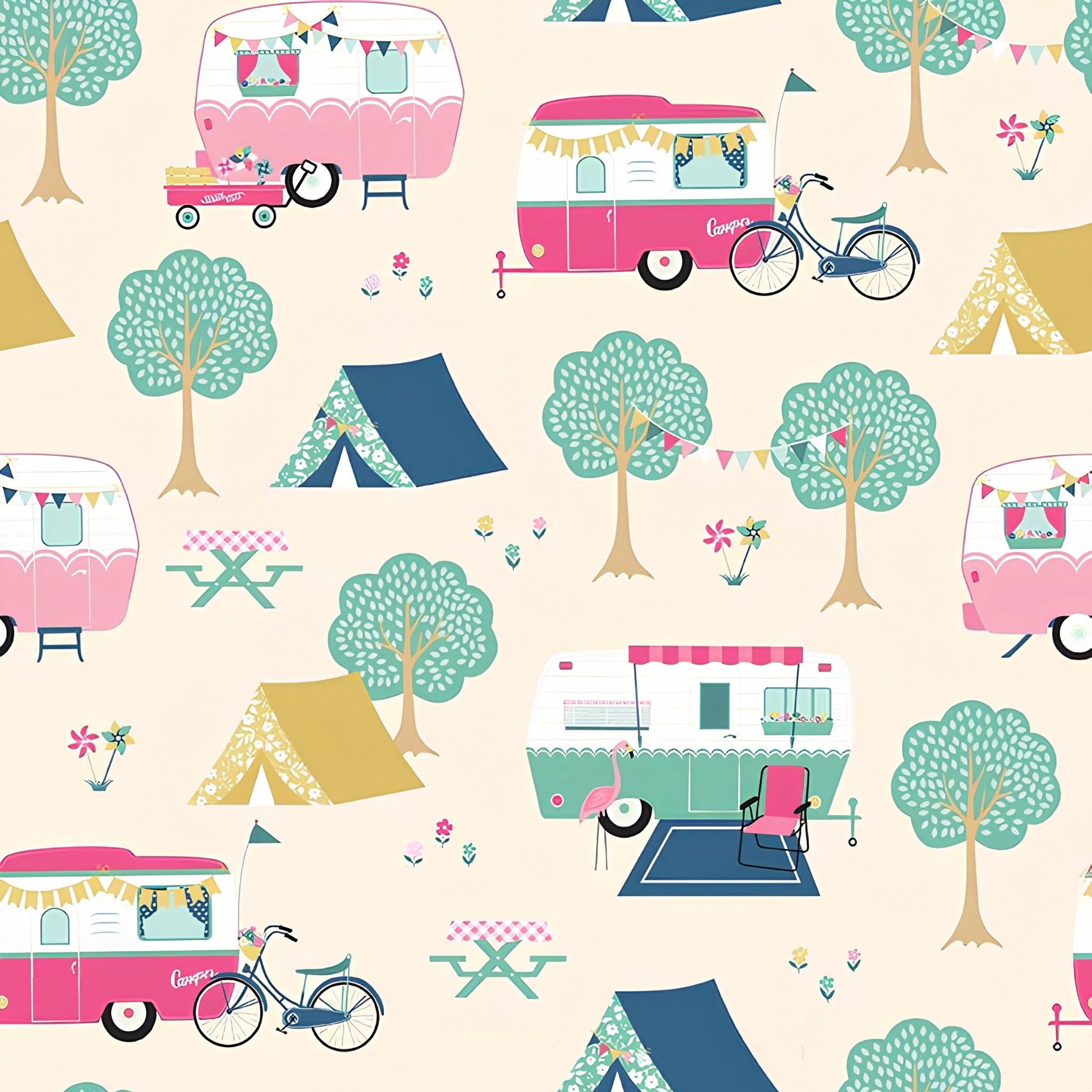 Retro caravans tents bicycles flamingos bunting warm cream novelty quilting fabric for holiday quilts bags caravan curtains and camping cushions