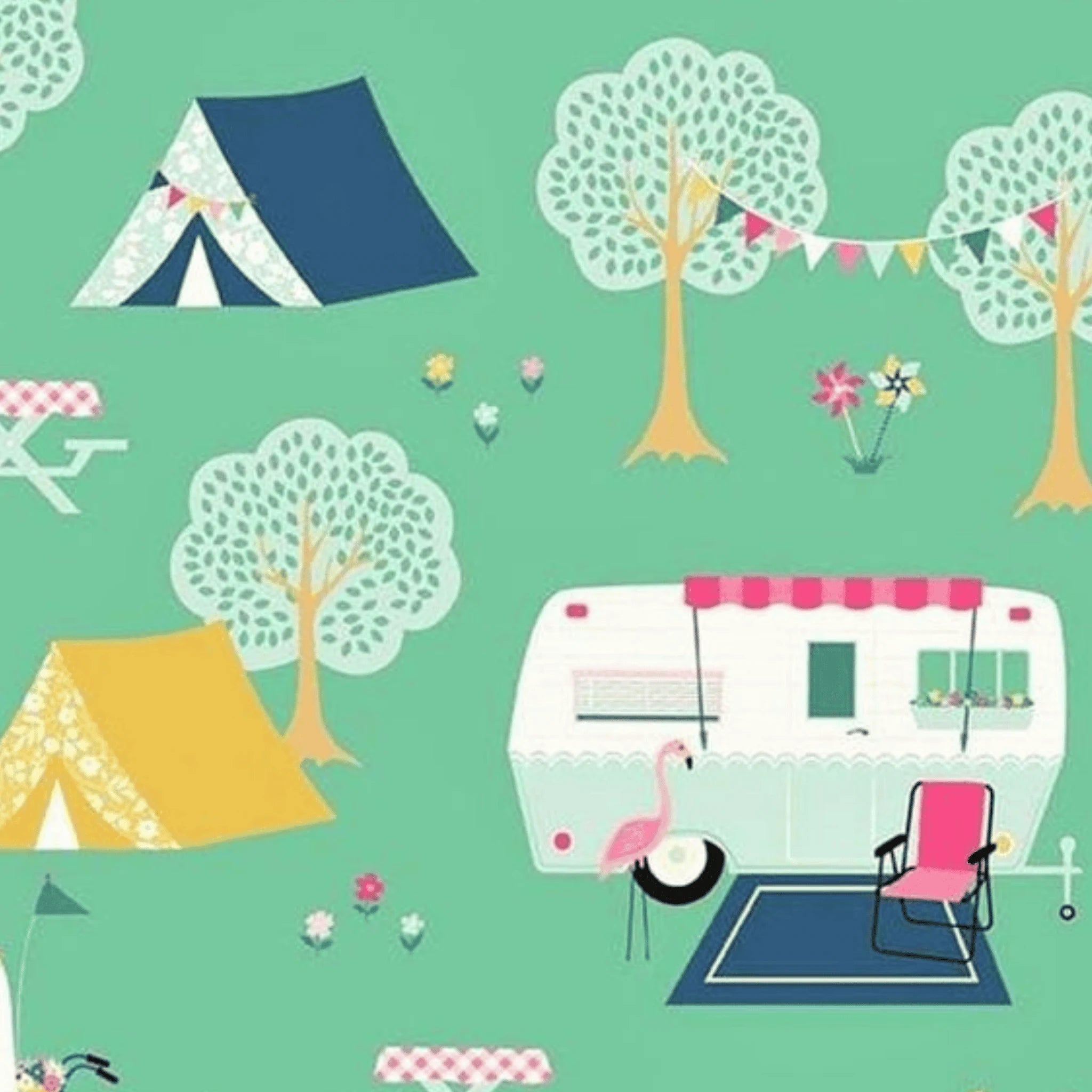 Mint quilting cotton fabric with pink and aqua retro caravans, tents, trees, and bicycles