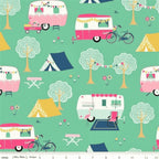 Mint quilting cotton fabric with pink and aqua retro caravans, tents, trees, and bicycles