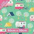 Mint quilting cotton fabric with pink and aqua retro caravans, tents, trees, and bicycles