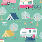 Retro caravans tents bicycles flamingos bunting teal mint novelty quilting fabric for holiday quilts bags caravan curtains and camping cushions
