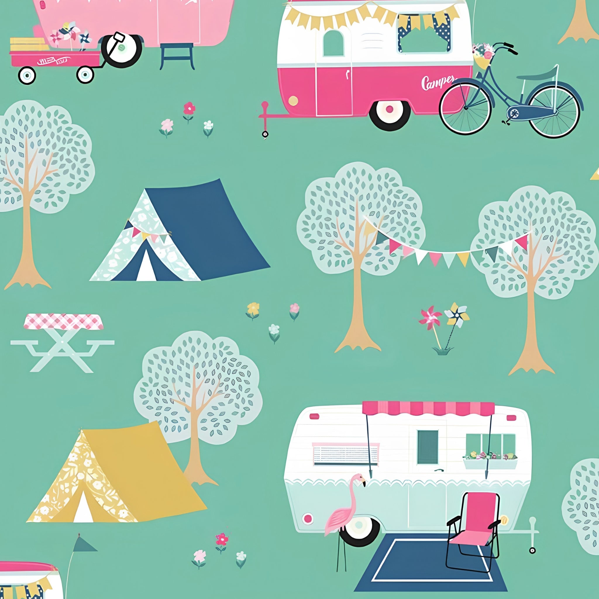 Retro caravans tents bicycles flamingos bunting teal mint novelty quilting fabric for holiday quilts bags caravan curtains and camping cushions