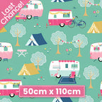 Retro caravans tents bicycles flamingos bunting teal mint novelty quilting fabric for holiday quilts bags caravan curtains and camping cushions