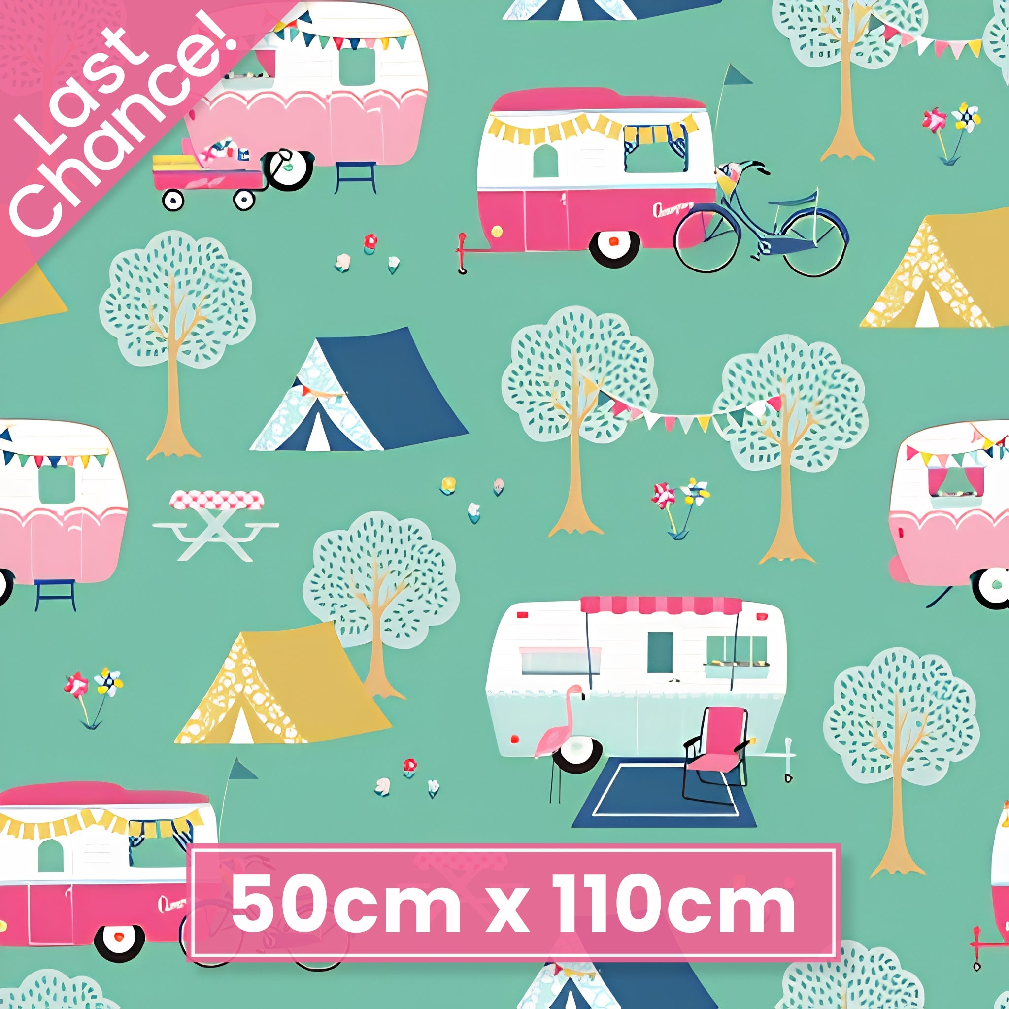 Retro caravans tents bicycles flamingos bunting teal mint novelty quilting fabric for holiday quilts bags caravan curtains and camping cushions
