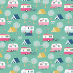 Retro caravans tents bicycles flamingos bunting teal mint novelty quilting fabric for holiday quilts bags caravan curtains and camping cushions