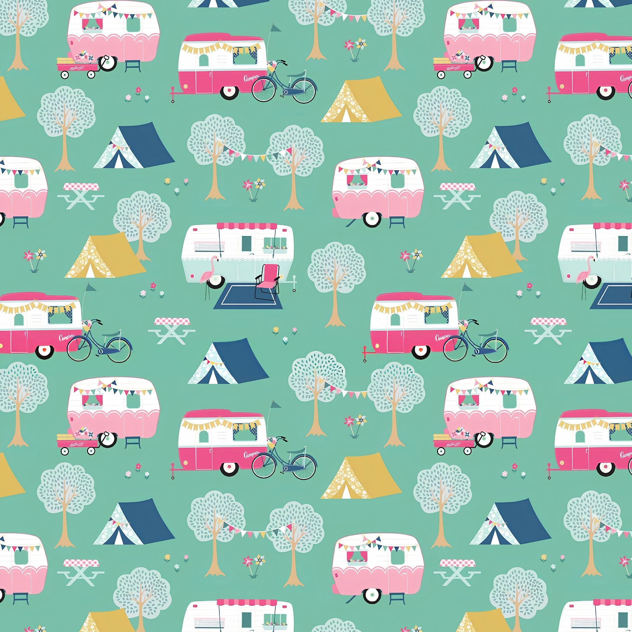 Retro caravans tents bicycles flamingos bunting teal mint novelty quilting fabric for holiday quilts bags caravan curtains and camping cushions