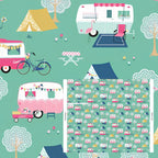 Retro caravans tents bicycles flamingos bunting teal mint novelty quilting fabric for holiday quilts bags caravan curtains and camping cushions