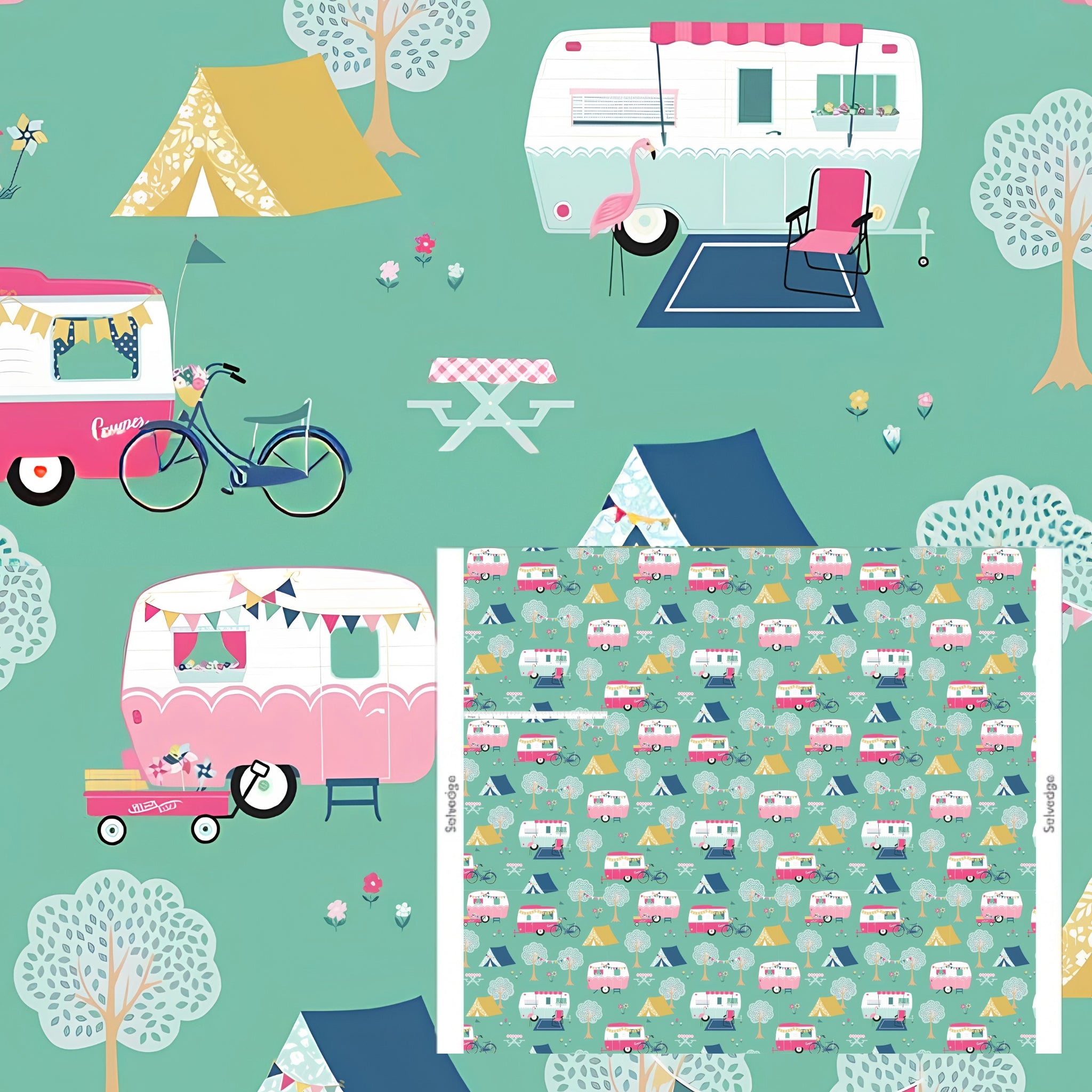 Retro caravans tents bicycles flamingos bunting teal mint novelty quilting fabric for holiday quilts bags caravan curtains and camping cushions
