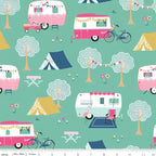 Retro caravans tents bicycles flamingos bunting teal mint novelty quilting fabric for holiday quilts bags caravan curtains and camping cushions