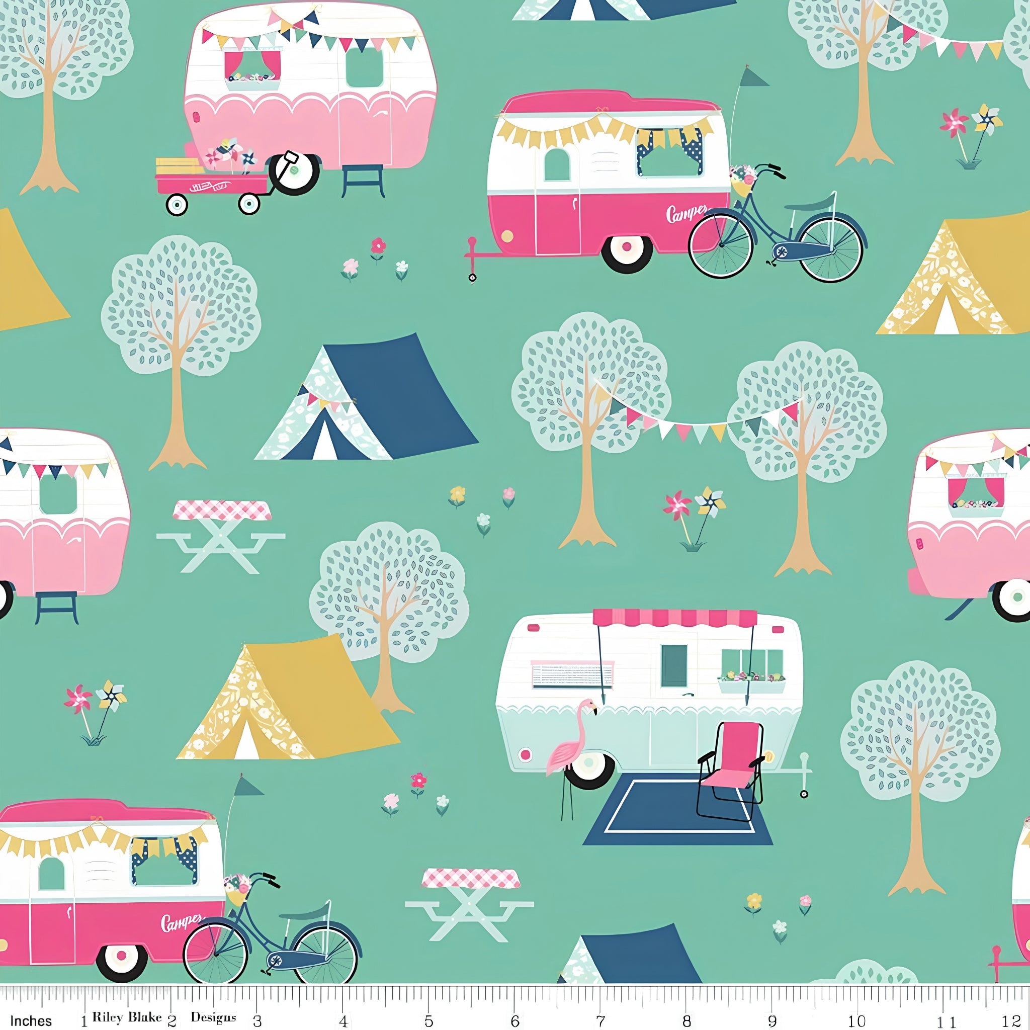 Retro caravans tents bicycles flamingos bunting teal mint novelty quilting fabric for holiday quilts bags caravan curtains and camping cushions