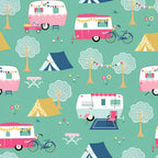 Retro caravans tents bicycles flamingos bunting teal mint novelty quilting fabric for holiday quilts bags caravan curtains and camping cushions