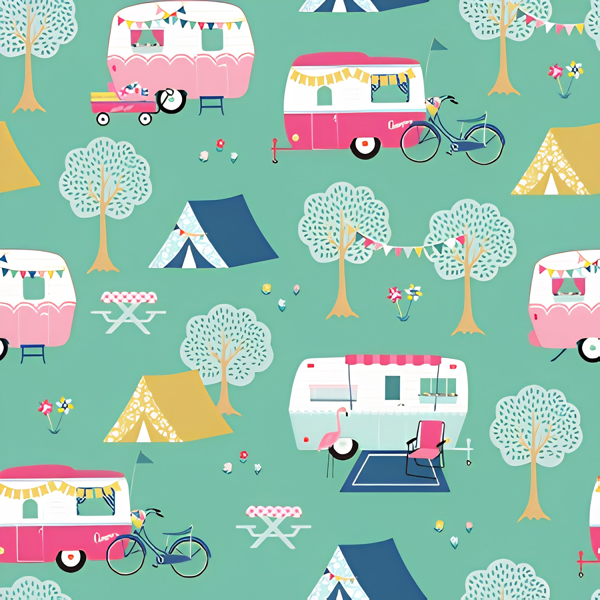 Retro caravans tents bicycles flamingos bunting teal mint novelty quilting fabric for holiday quilts bags caravan curtains and camping cushions