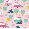 Pink quilting cotton fabric with pink and aqua retro caravans, tents, trees, and bicycles