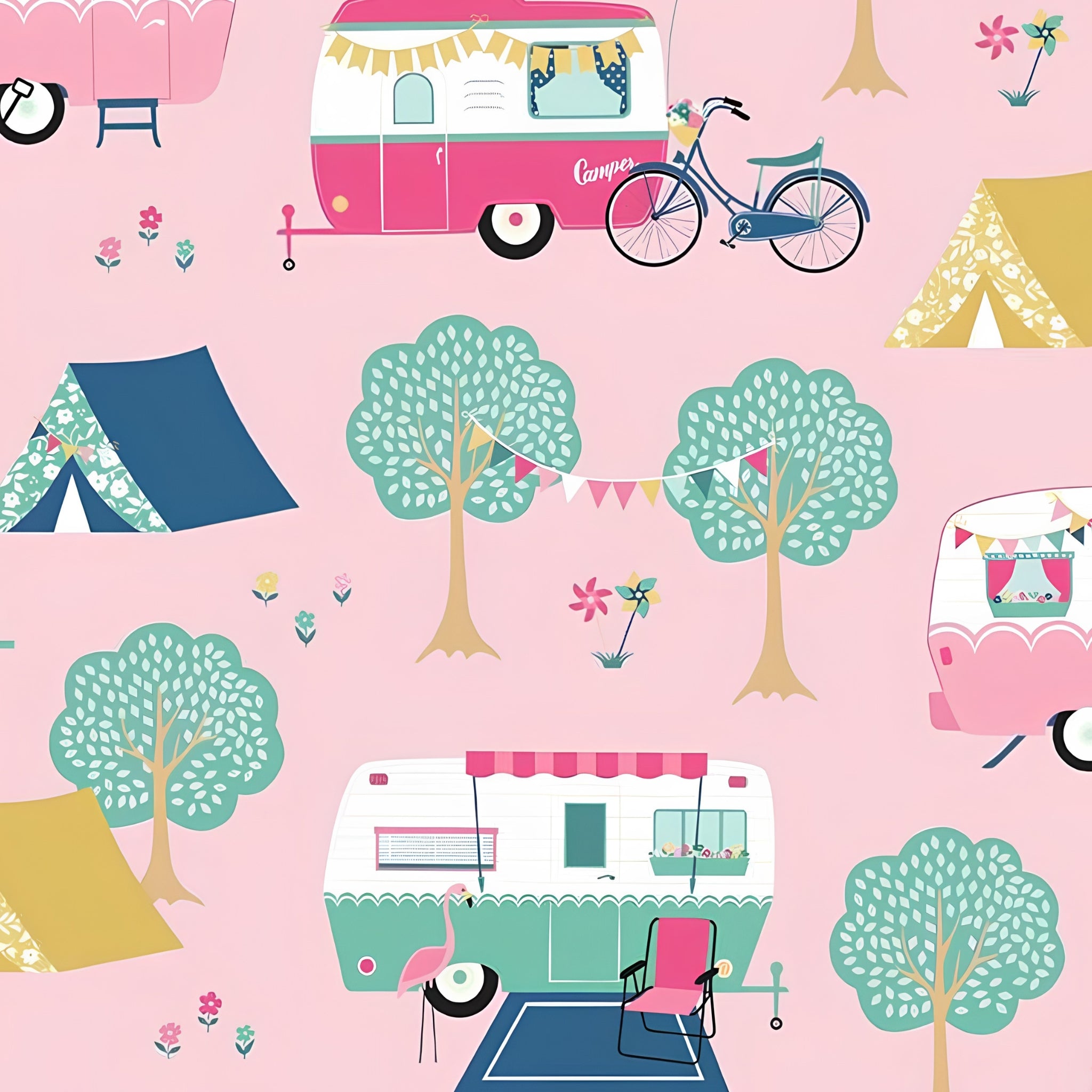 Retro caravans tents bicycles flamingos bunting bubblegum pink novelty quilting fabric for holiday quilts bags caravan curtains and camping cushions