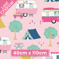 Pink quilting cotton fabric with pink and aqua retro caravans, tents, trees, and bicycles